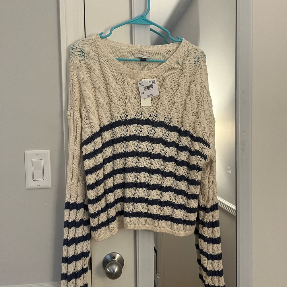 American Eagle Outfitters Cream and Navy V-Neck Sweater